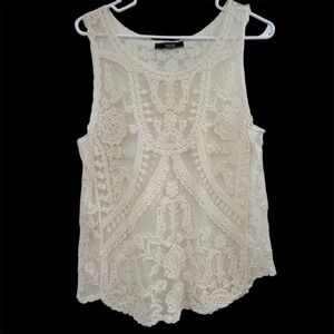 Womens Sheer Bohemian Cottage Fairy Tank Top Size Small Ivory Crochet Lace